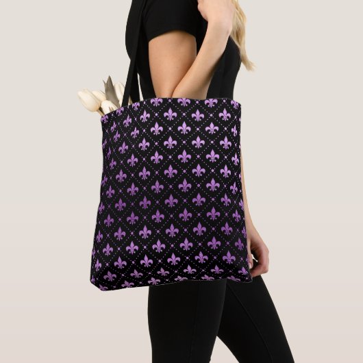 Mardi Gras Grid Bright Paarse Fleur De Lis NOLA Tote Bag (Dichtbij)