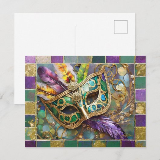Mardi Gras Groen en Goud Kleurrijke Veren Masker Briefkaart (Voorkant / Achterkant)