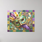 Mardi Gras Groen en Goud Kleurrijke Veren Masker Canvas Afdruk (Voorkant)