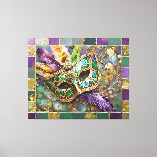 Mardi Gras Groen en Goud Kleurrijke Veren Masker Canvas Afdruk (Voorkant)
