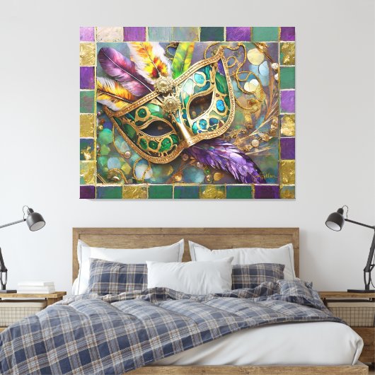 Mardi Gras Groen en Goud Kleurrijke Veren Masker Canvas Afdruk (Insitu (Slaapkamer))