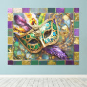 Mardi Gras Groen en Goud Kleurrijke Veren Masker Canvas Afdruk (Insitu (Houten vloer))