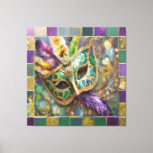 Mardi Gras Groen en Goud Kleurrijke Veren Masker Canvas Afdruk (Voorkant)