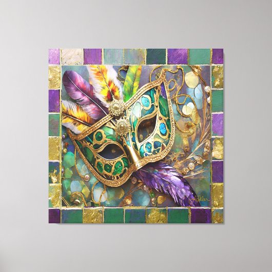 Mardi Gras Groen en Goud Kleurrijke Veren Masker Canvas Afdruk (Voorkant)
