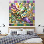 Mardi Gras Groen en Goud Kleurrijke Veren Masker Canvas Afdruk (Insitu (Slaapkamer))