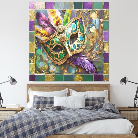 Mardi Gras Groen en Goud Kleurrijke Veren Masker Canvas Afdruk (Insitu (Slaapkamer))