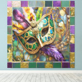 Mardi Gras Groen en Goud Kleurrijke Veren Masker Canvas Afdruk (Insitu (Houten vloer))
