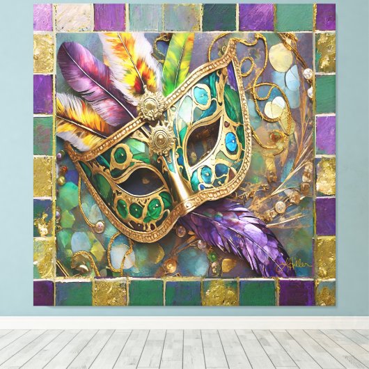 Mardi Gras Groen en Goud Kleurrijke Veren Masker Canvas Afdruk (Insitu (Houten vloer))
