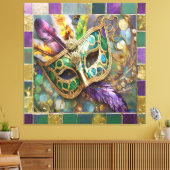 Mardi Gras Groen en Goud Kleurrijke Veren Masker Canvas Afdruk (Insitu (Woonkamer))