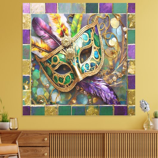 Mardi Gras Groen en Goud Kleurrijke Veren Masker Canvas Afdruk (Insitu (Woonkamer))