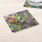 Mardi Gras Groen en Goud Kleurrijke Veren Masker Kartonnen Onderzetters (Schuin)