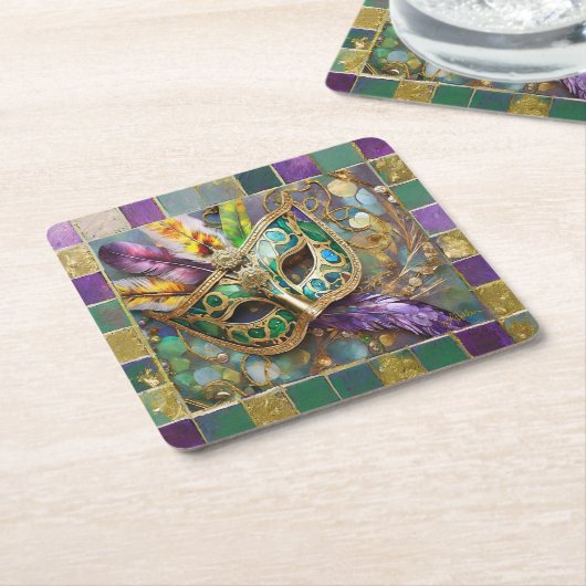 Mardi Gras Groen en Goud Kleurrijke Veren Masker Kartonnen Onderzetters (Schuin)