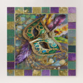 Mardi Gras Groen en Goud Kleurrijke Veren Masker Legpuzzel (Horizontaal)