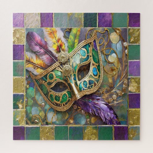 Mardi Gras Groen en Goud Kleurrijke Veren Masker Legpuzzel (Verticaal)