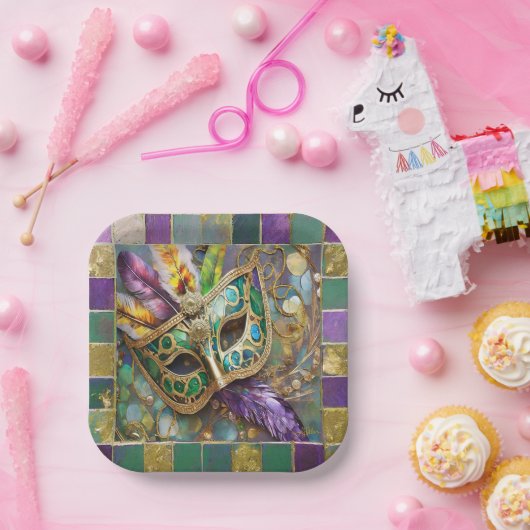 Mardi Gras Groen en Goud Kleurrijke Veren Masker Papieren Bordje (Feest)