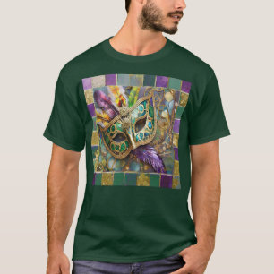 Mardi Gras Groen en Goud Kleurrijke Veren Masker T-shirt