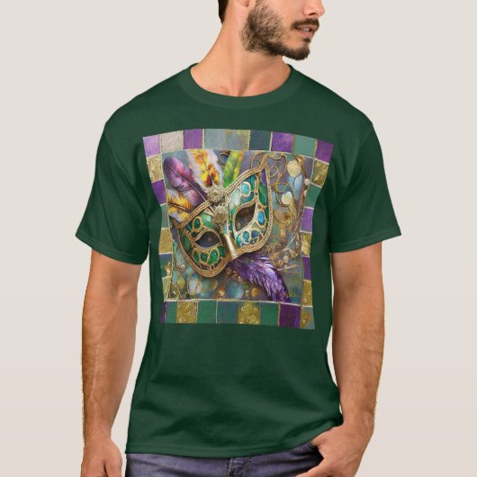 Mardi Gras Groen en Goud Kleurrijke Veren Masker T-shirt (Voorkant)