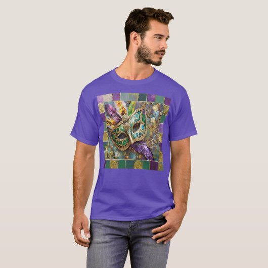 Mardi Gras Groen en Goud Kleurrijke Veren Masker T-shirt (Voorkant volledig)