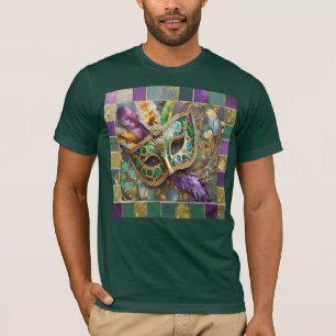 Mardi Gras Groen en Goud Kleurrijke Veren Masker T-shirt