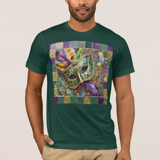 Mardi Gras Groen en Goud Kleurrijke Veren Masker T-shirt (Voorkant)
