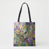 Mardi Gras Groen en Goud Kleurrijke Veren Masker Tote Bag (Voorkant)