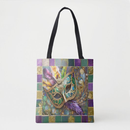 Mardi Gras Groen en Goud Kleurrijke Veren Masker Tote Bag (Voorkant)