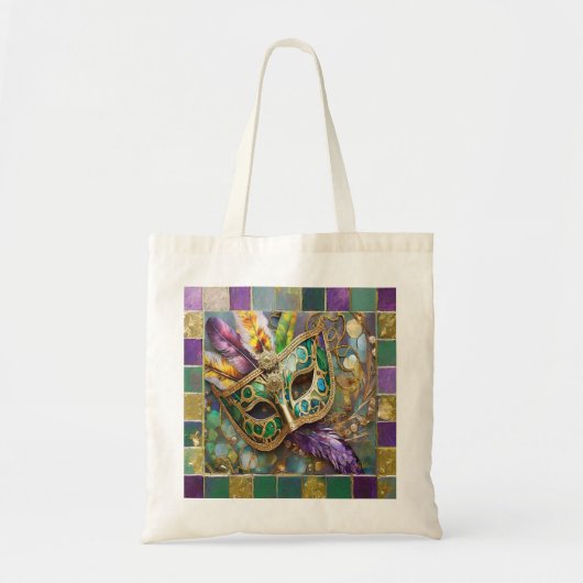 Mardi Gras Groen en Goud Kleurrijke Veren Masker Tote Bag (Voorkant)