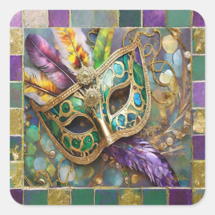 Mardi Gras Groen en Goud Kleurrijke Veren Masker Vierkante Sticker