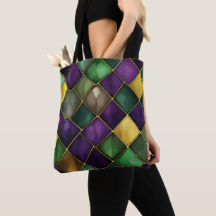 MARDI GRAS GROEN & PAARSE DIAMANTPATROON TOTE BAG