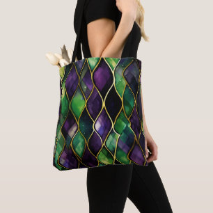 MARDI GRAS GROEN & PAARSE DIAMANTPATROON TOTE BAG