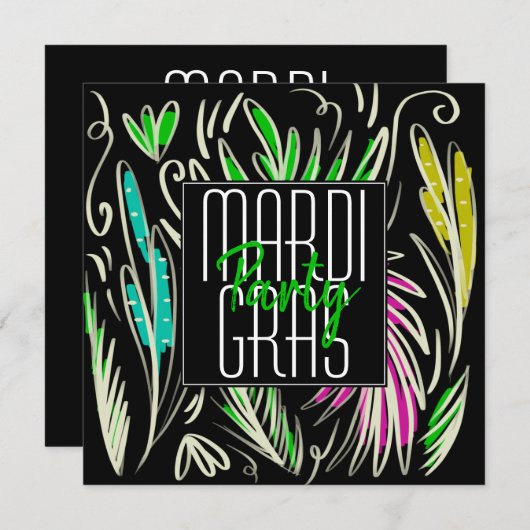 Mardi Gras Hand Drawn Botanical Pink Black Square Kaart (Voorkant / Achterkant)