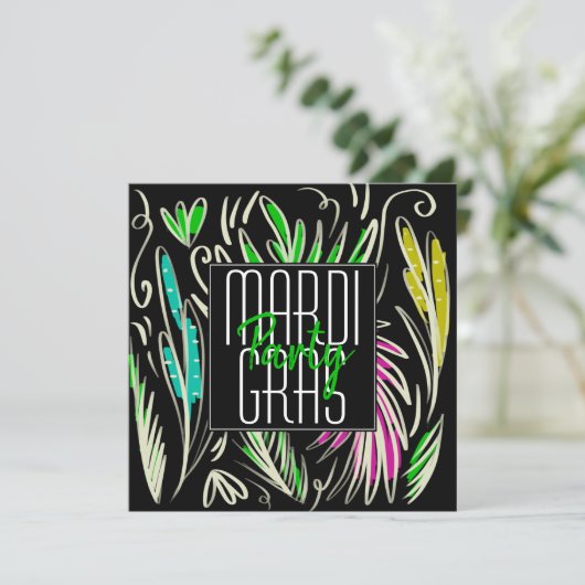 Mardi Gras Hand Drawn Botanical Pink Black Square Kaart (Staand voorkant)