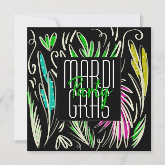 Mardi Gras Hand Drawn Botanical Pink Black Square Kaart (Voorkant)
