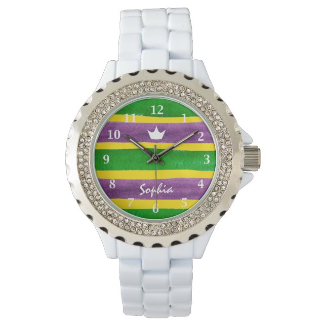 Mardi Gras Hand Gepilterde Paarse gouden stripes Horloge (Voorkant)
