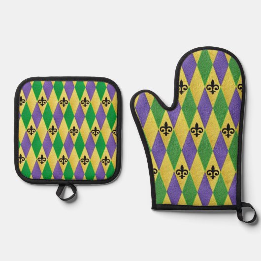 Mardi Gras Harlekijn Fleur De Lis Ovenwant & Pannenlap Set (Voorkant)