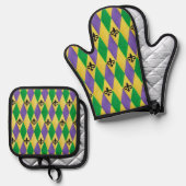 Mardi Gras Harlekijn Fleur De Lis Ovenwant & Pannenlap Set (Voorkant / Achterkant)