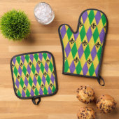 Mardi Gras Harlekijn Fleur De Lis Ovenwant & Pannenlap Set (Top down)