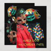 MARDI GRAS HARLEQUIN COSTUME MASQUERADE PARTIJ KAART (Voorkant / Achterkant)