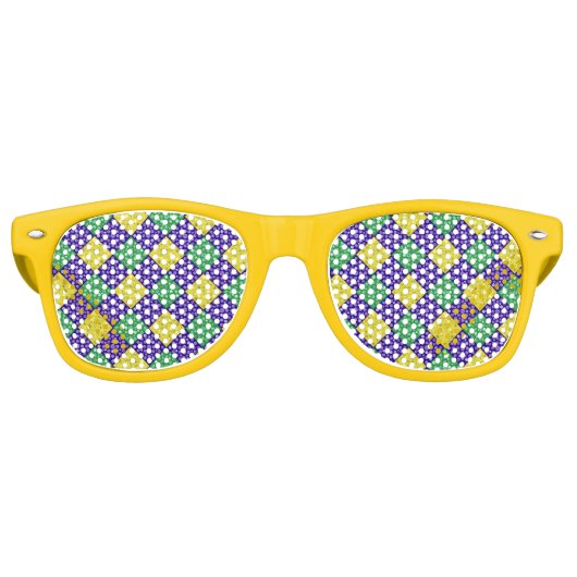 Mardi Gras Harlequin Diamond Carnival Patroon Retro Zonnebril (Voorkant)