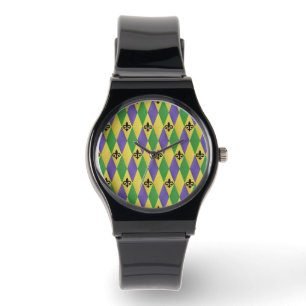 Mardi Gras Harlequin Fleur De Lis Designer Horloge