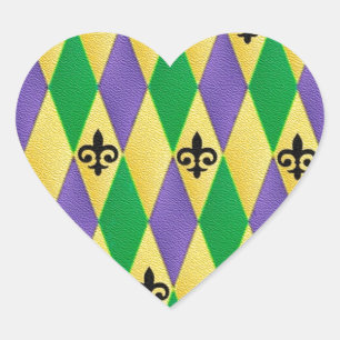 Mardi Gras Harlequin Fleur De Lis Hart Sticker