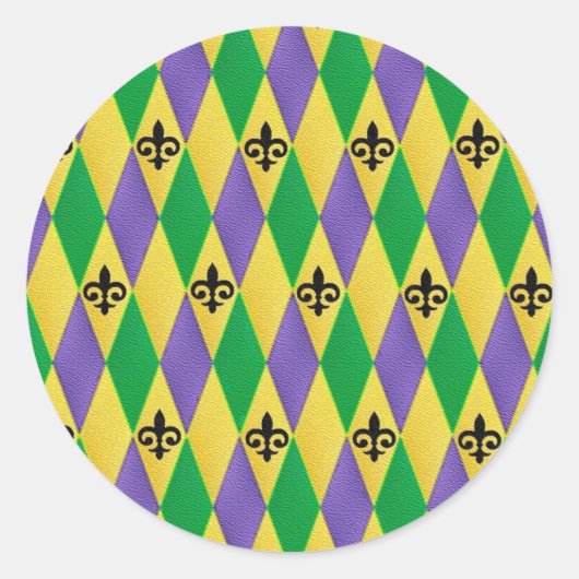 Mardi Gras Harlequin Fleur De Lis Ronde Sticker (Voorkant)