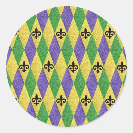 Mardi Gras Harlequin Fleur De Lis Ronde Sticker (Voorkant)
