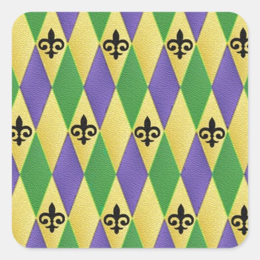 Mardi Gras Harlequin Fleur De Lis Vierkante Sticker (Voorkant)