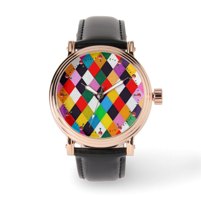 MARDI GRAS HARLEQUIN PATTERN kleurrijke Rhombi Horloge (Voorkant)