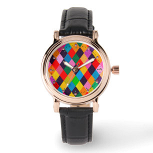 MARDI GRAS HARLEQUIN PATTERN kleurrijke Rhombi Horloge