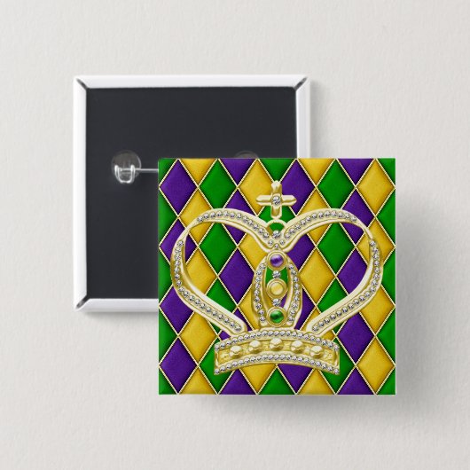 Mardi Gras Harlequin Square Button met kroon (Voorkant /achterkant)