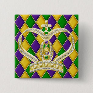 Mardi Gras Harlequin Square Button met kroon