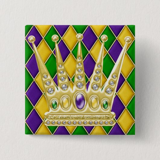 Mardi Gras Harlequin Square Button met kroon (Voorkant)