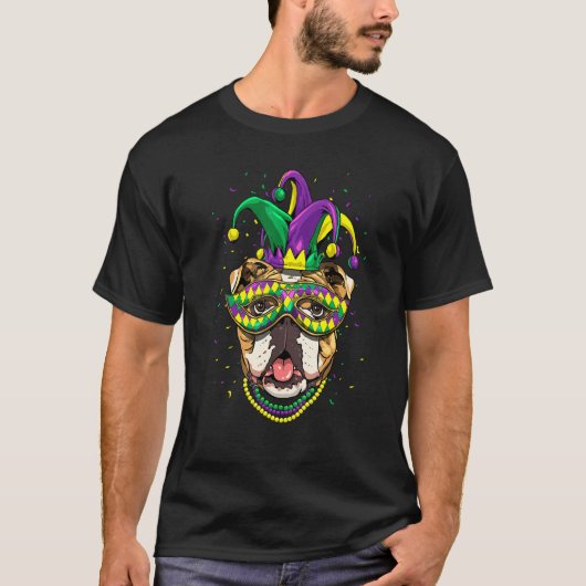Mardi Gras Honden Carnaval Amerikaanse Bulldog Nar T-shirt (Voorkant)